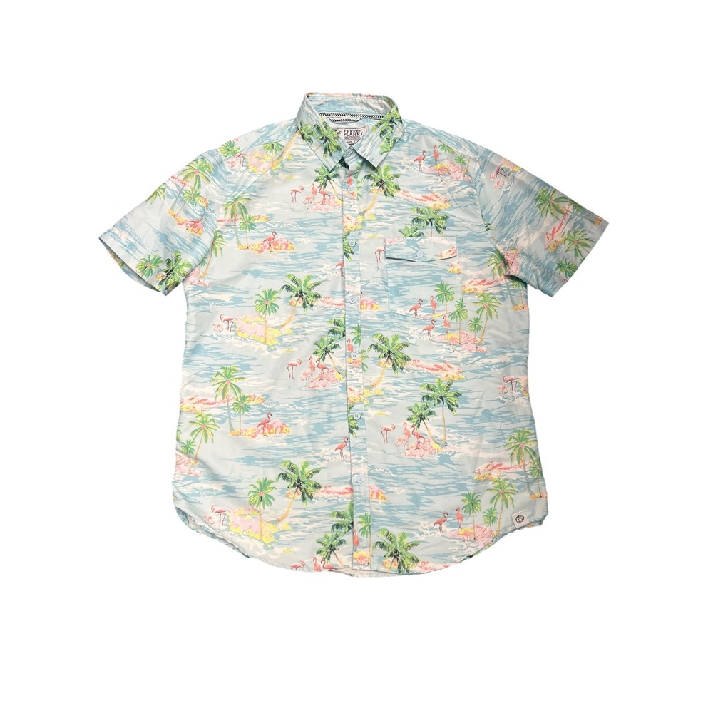 Free Planet Mens Large Tropical Flamingo Palm Tree Button Down Shirt Light Blue